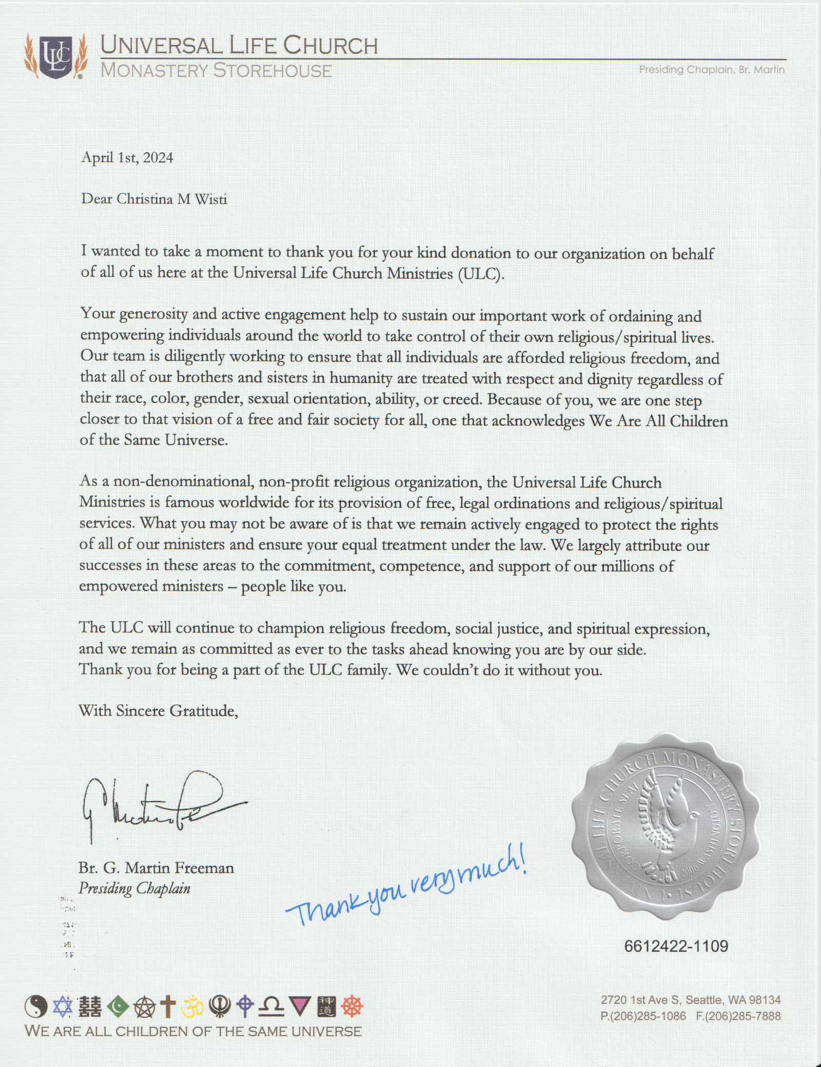 Tina's Donation Letter